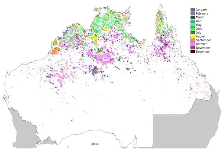 Burnt Area mapping shown by month, area not mapped are grey.