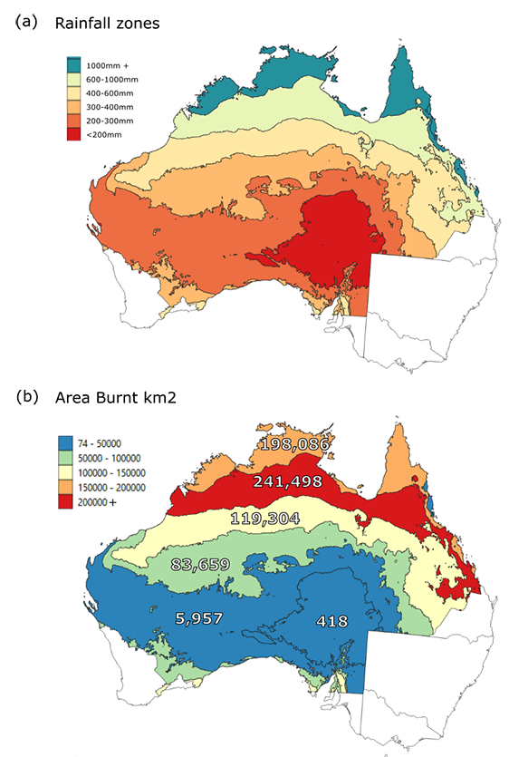 Rainfall classes and burnt area extent by class